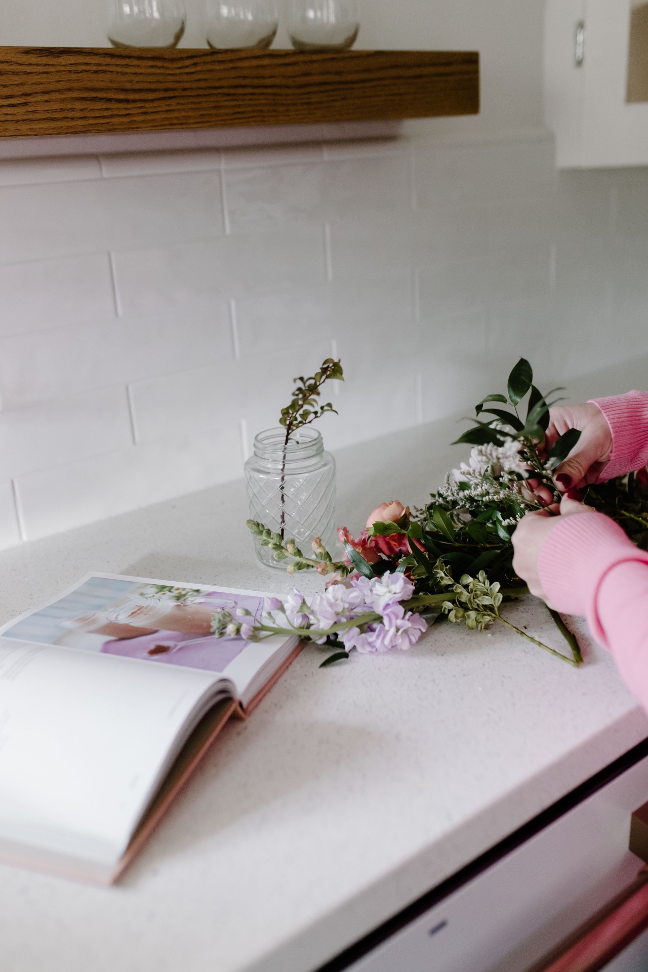 Fresh flowers on a kitchen counter
